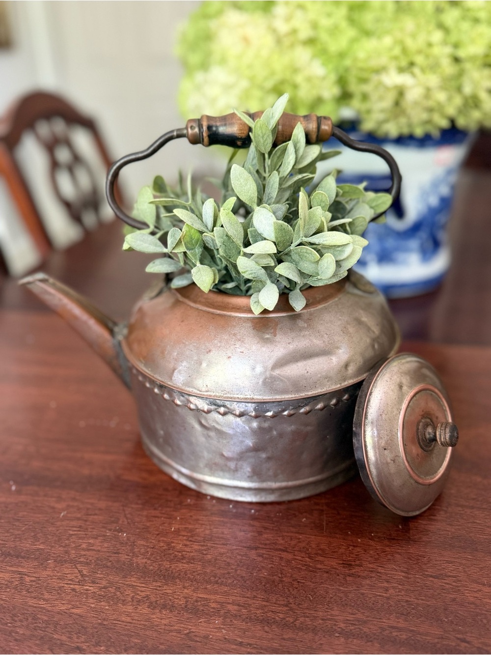 Antique Copper Teapot with Wooden Handle